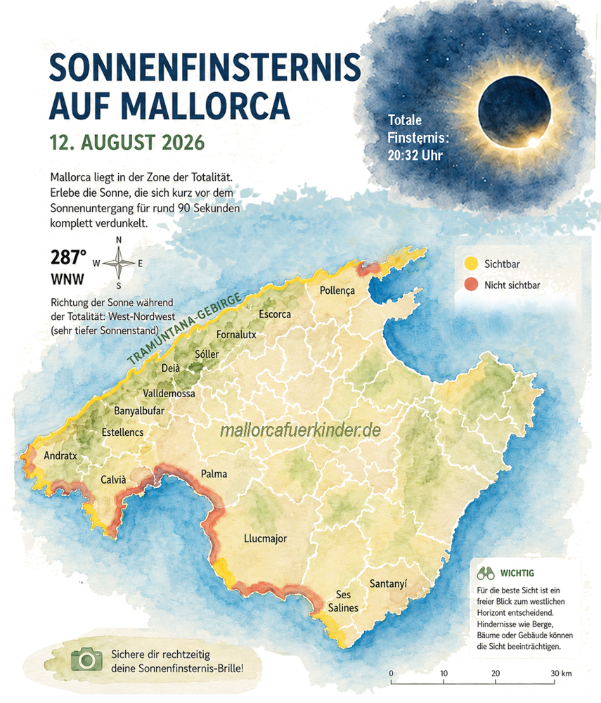 Karte zur Sonnenfinsternis 2026 auf Mallorca: Wo die Totalität am Besten zu sehen ist. Karte der Sonnenfinsternis auf Mallorca am 12. August 2026 mit Sichtzonen und Küstenabschnitten mit freiem Blick Richtung West-Nordwest.